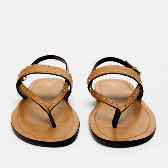 Zara Studded Brown Nude Leather Minimalist Flat Sandals Shoes Size 10 - Picture 4 of 10